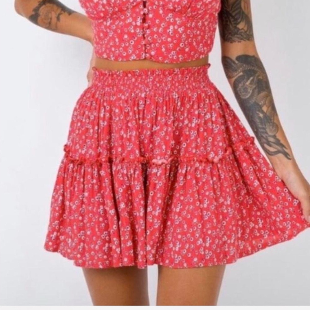 Red Ruffled Smocked Mini Skirt - Picture 2 of 2